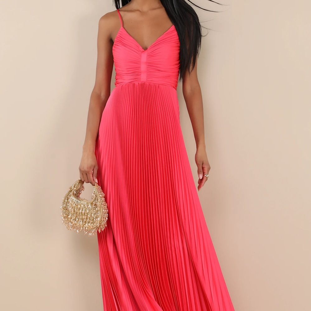 Lulu's Vibrant Coral Pleated Maxi Dress
